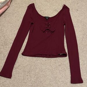 Ambiance Maroon Lace-Up Long Sleeve Top